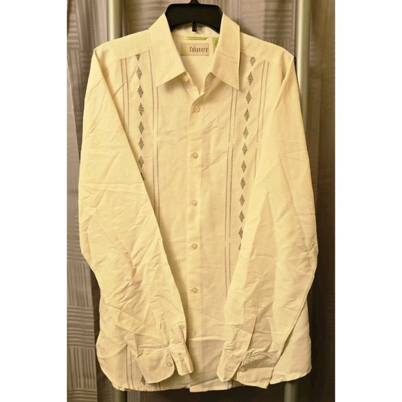 Cubavera Men's Long Sleeve Guayabera Shirt – Beige Embroidered Button Front Sz L - Picture 2 of 5